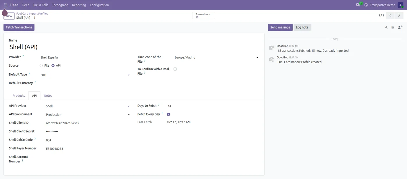 Fuel card provider profile in Odoo set up to fetch transactions by API
