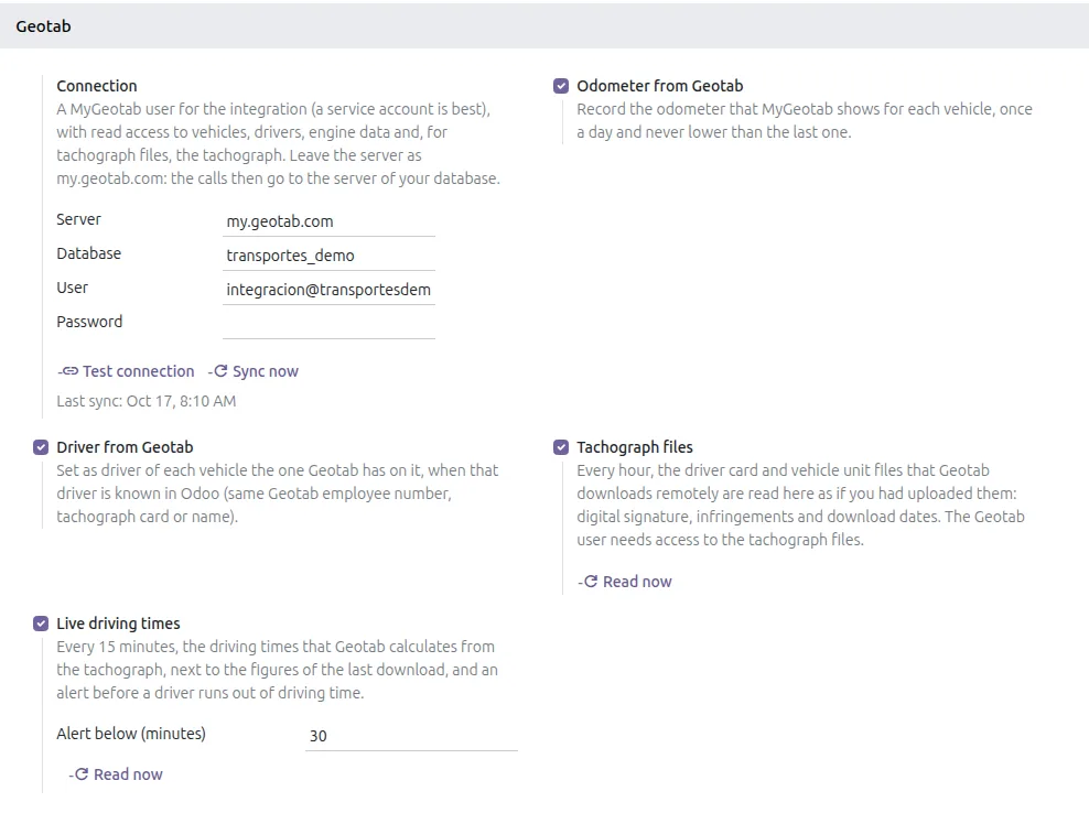 Geotab settings in Odoo Fleet: tachograph files read every hour and live driving times with an alert 30 minutes before time runs out