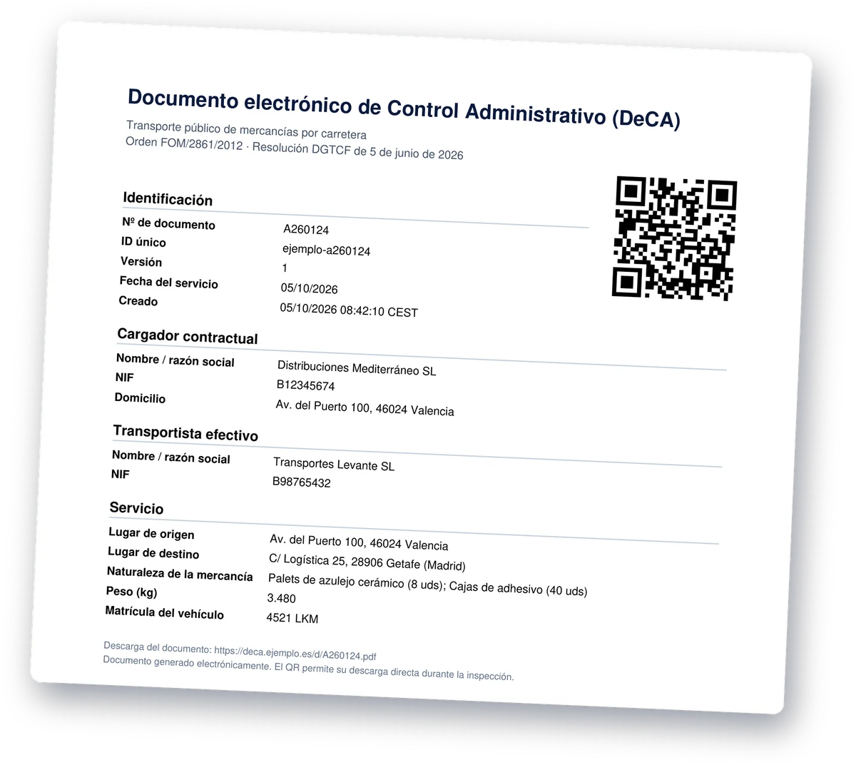 Ejemplo de DeCA en PDF generado desde un albarán de Holded, con código QR, cargador, transportista, origen, destino, mercancía, peso y matrícula
