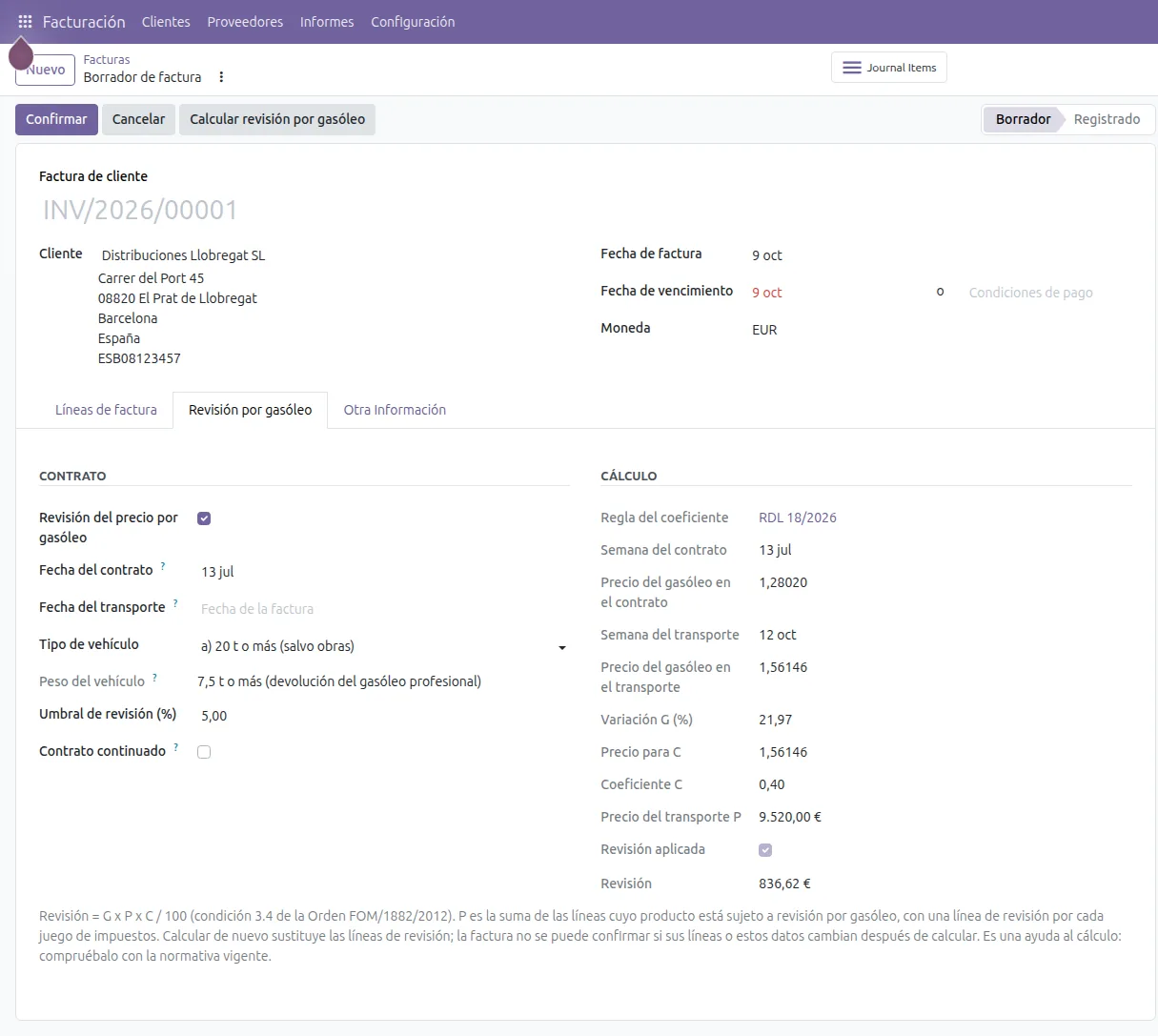 Pestaña de revisión por gasóleo en una factura de Odoo: fecha del contrato, precios del gasóleo, coeficiente y revisión calculada