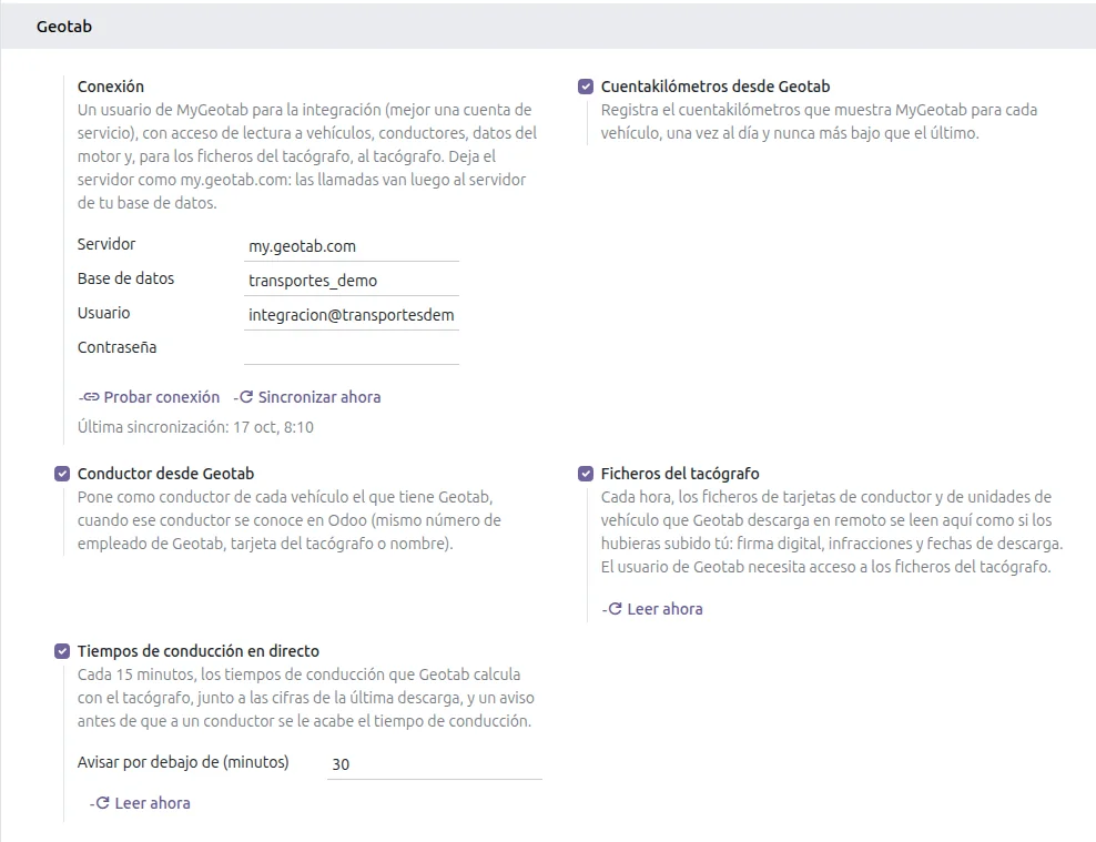 Ajustes de Geotab en Odoo: conexión, cuentakilómetros, conductor, ficheros del tacógrafo y tiempos de conducción en directo con aviso a los 30 minutos